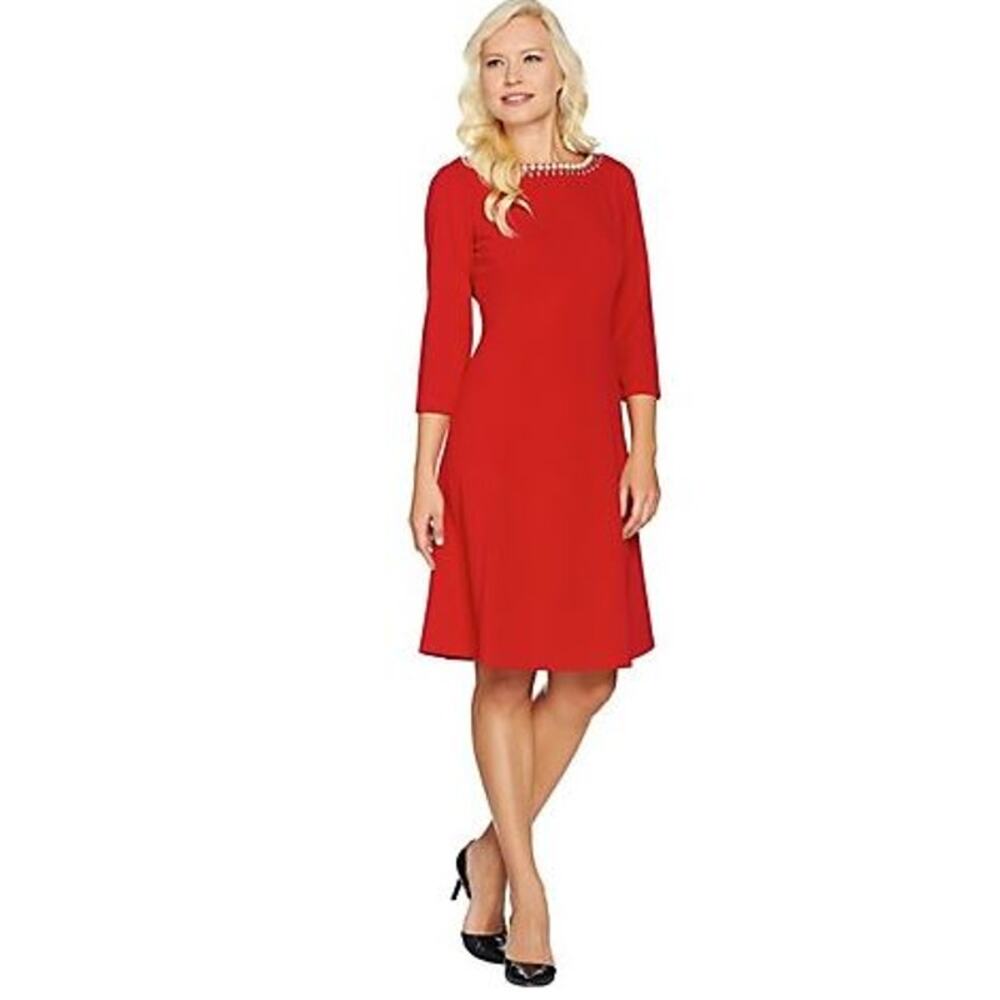 Dennis Basso Dress Womens Medium Pearl Gem Neckline Fit & Flare Lady in Red QVC